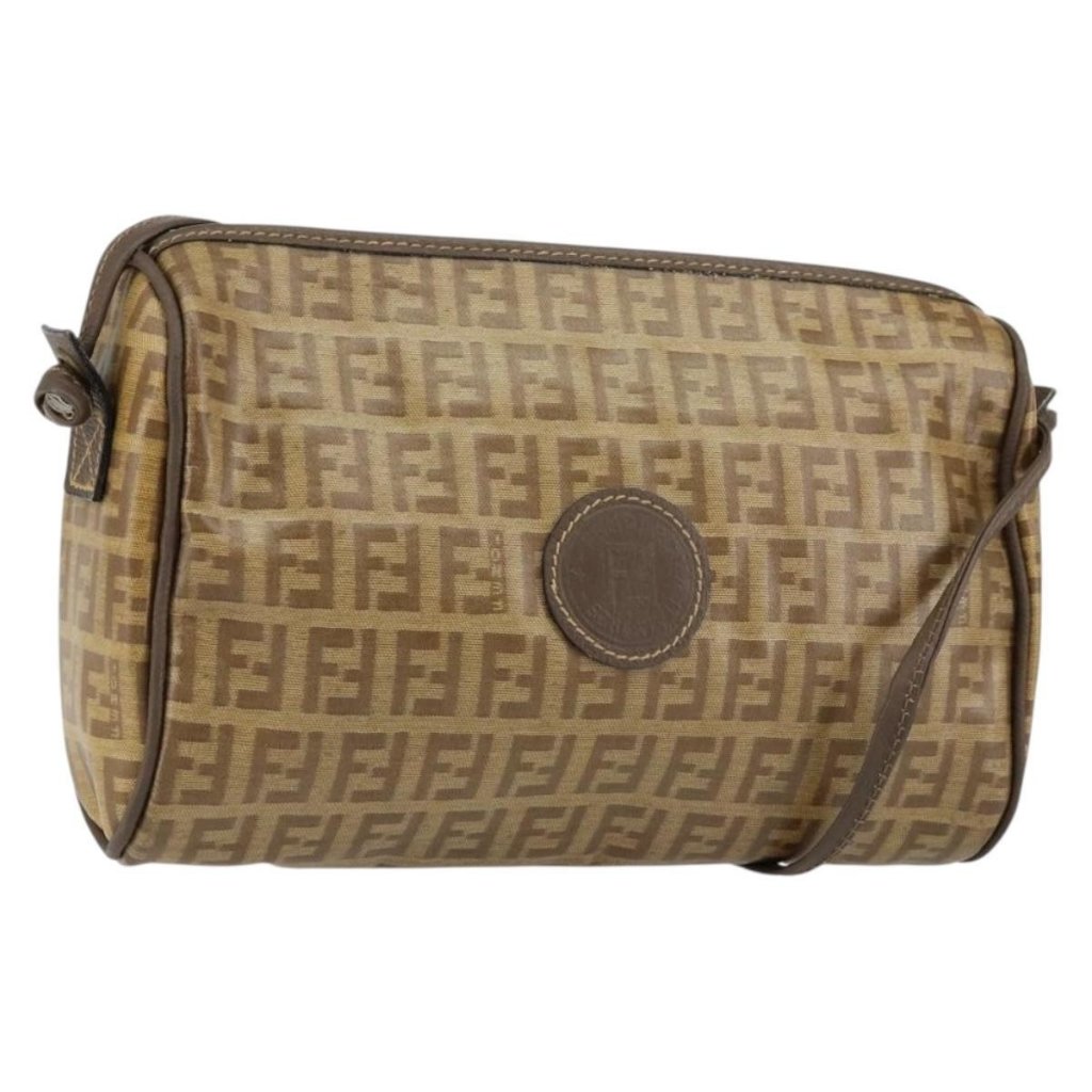 Authentic Fendi Zucchino Canvas Shoulder Bag Pvc Beige Brown